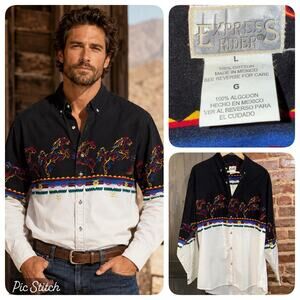 EXPRESS RIDER Western HORSE EQUESTRIAN Cowboy L Button Down Shirt Aztec Midwest
